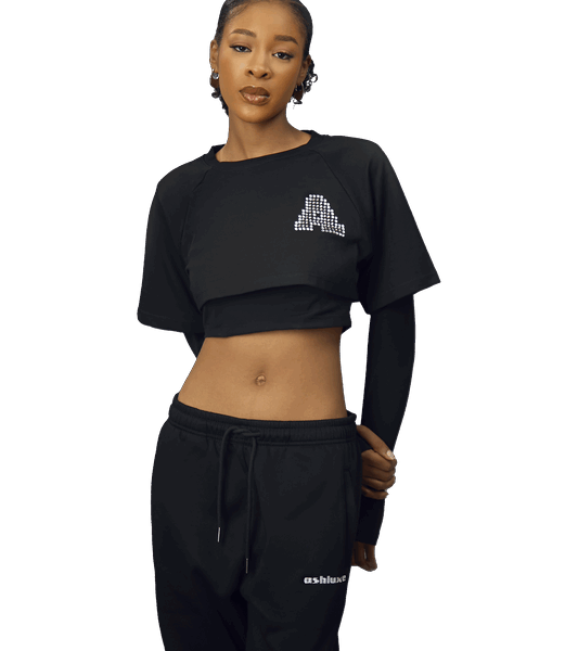 Ashluxe Women A Bling Star Layered crop tee Black