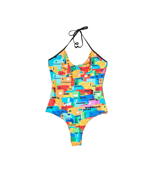 Urban Mosaic Print High Leg Swimsuit Multi