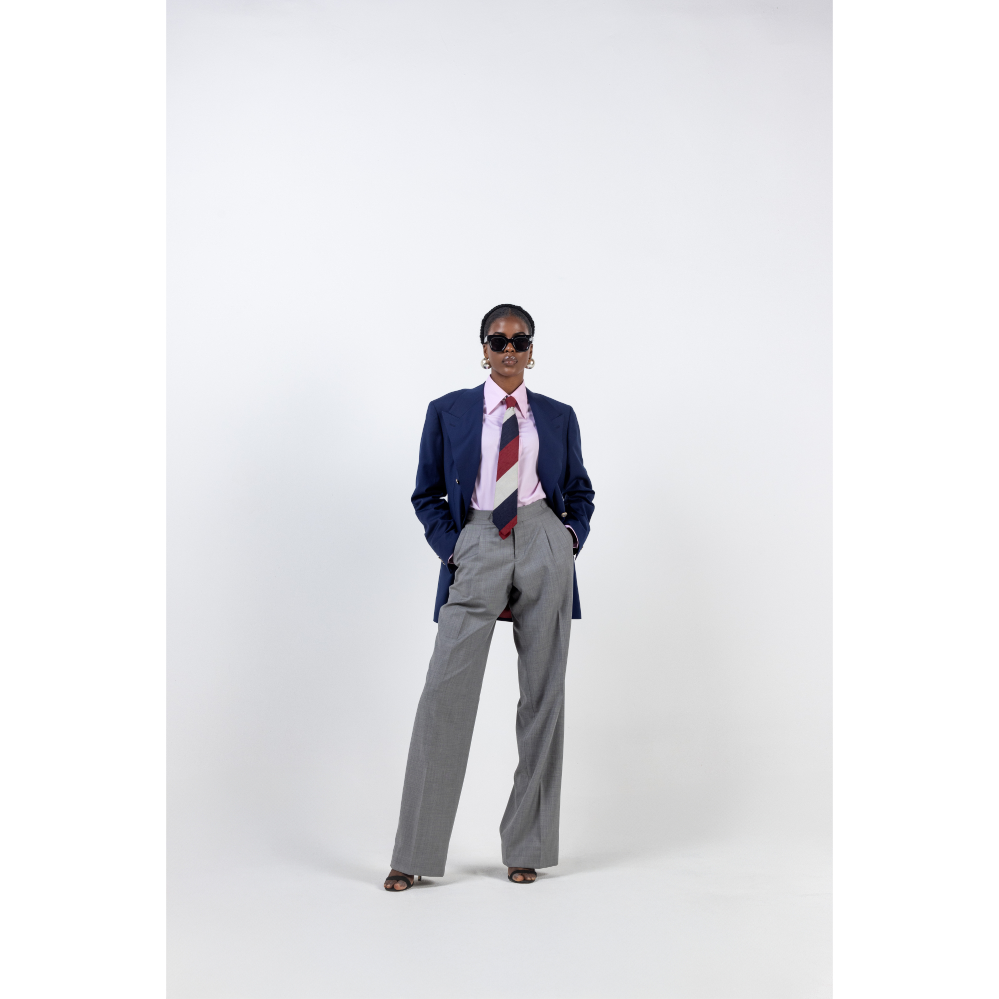 NAVY BLAZER AND GREY WIDE TROUSER