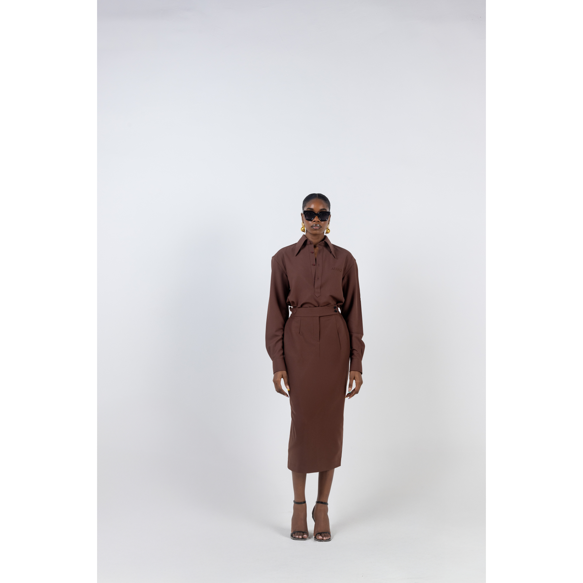 BROWN PURE WOOL POP OVER SHIRT WITH MIDI SKIRT