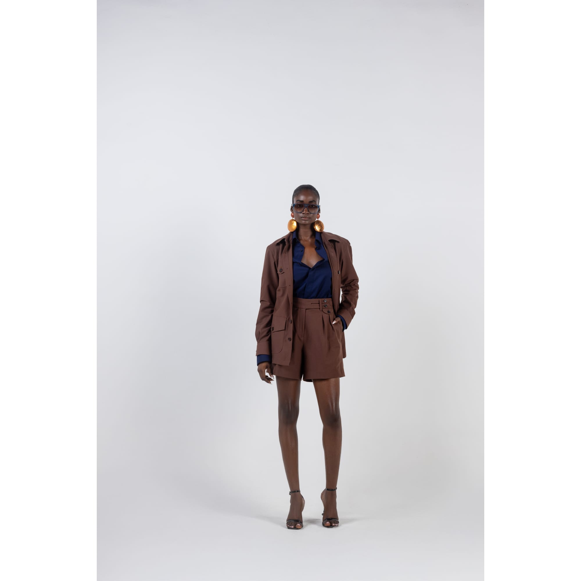 BROWN SAFARI JACKET WITH SHORTS AND SHIRT