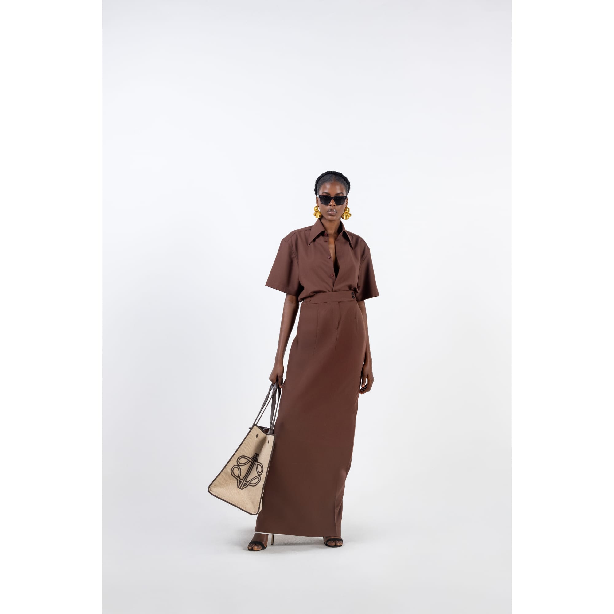 BROWN SHORT SLEEVE SHIRT AND SKIRT