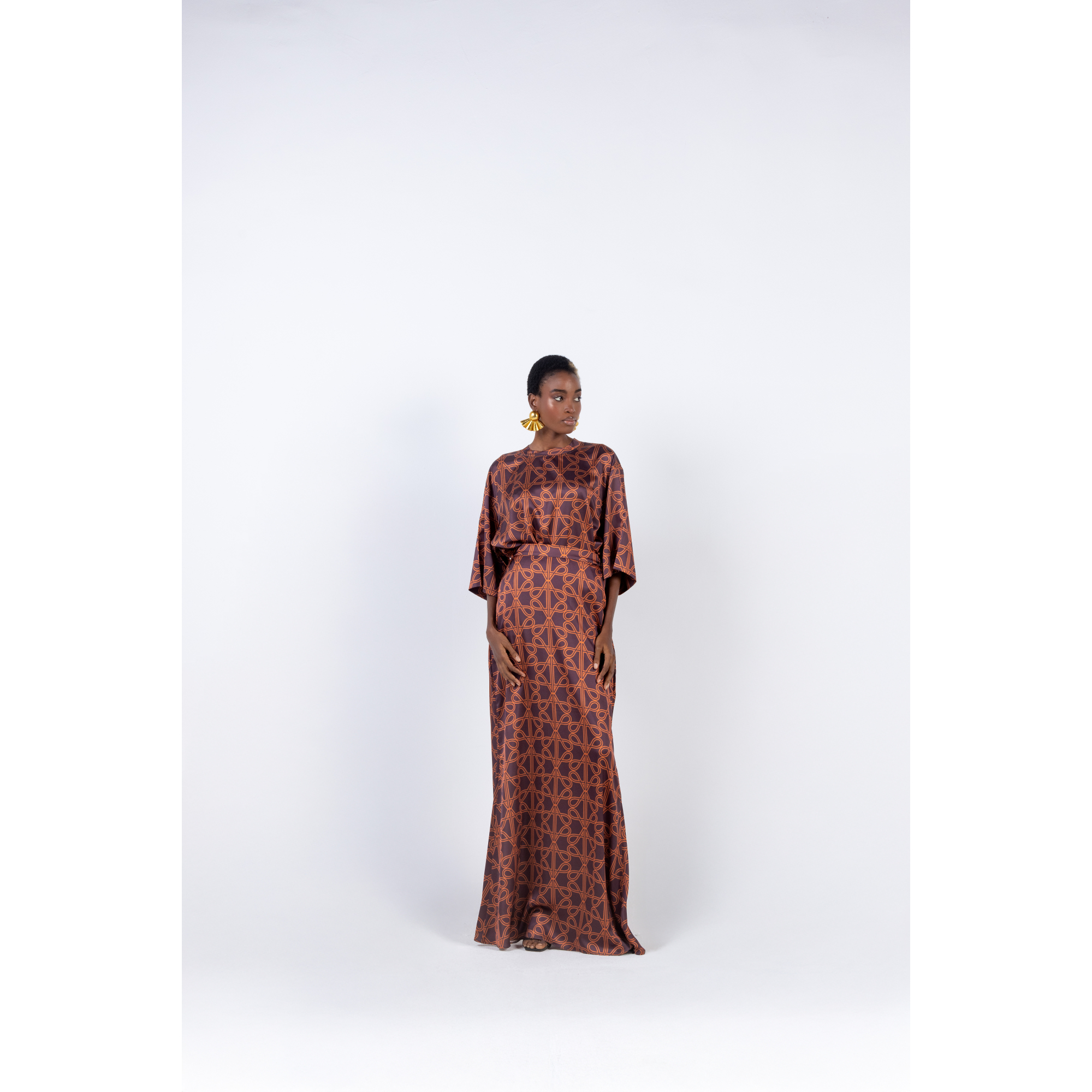 BROWN ATAFO PRINT SILK T-SHIRT AND SKIRT