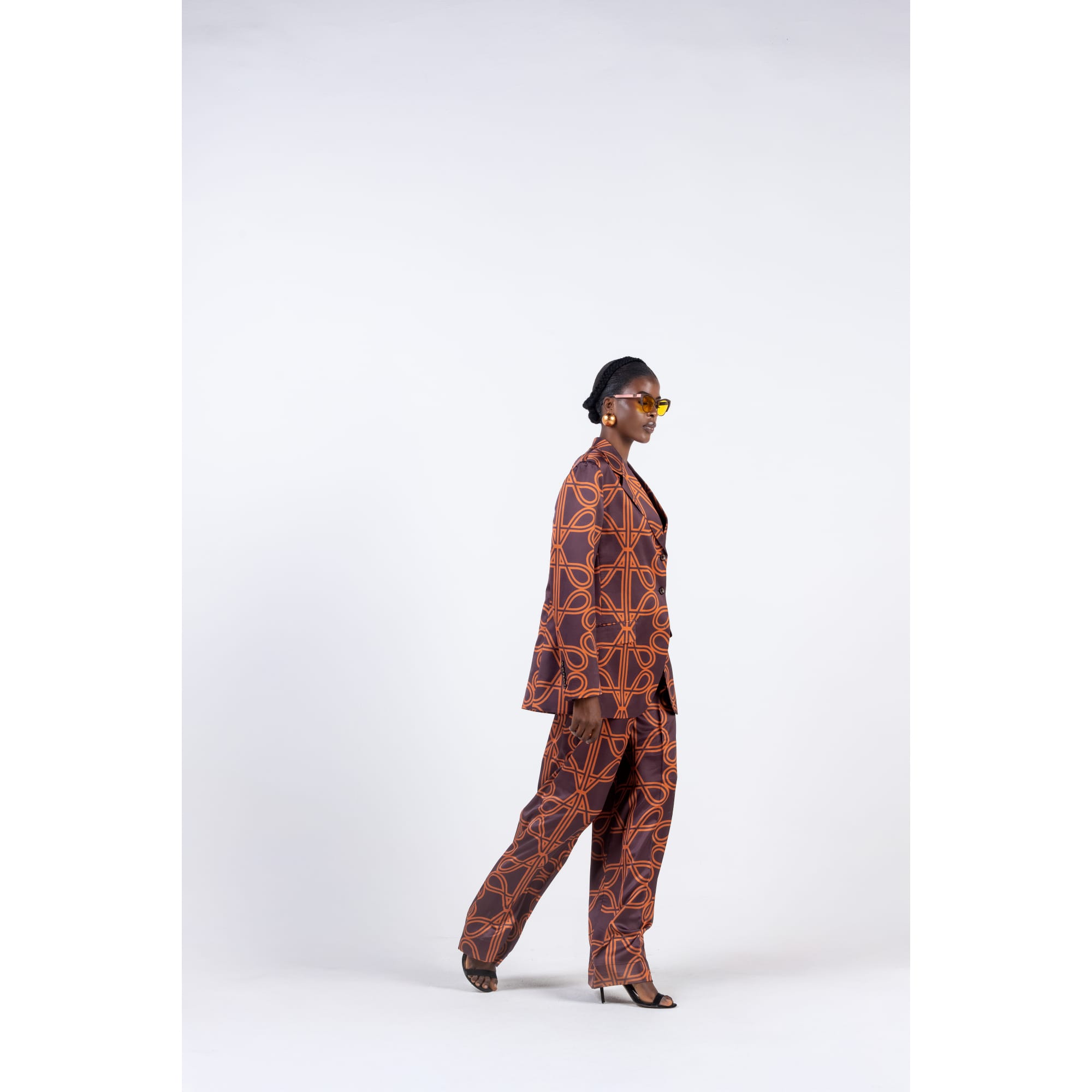 BROWN ATAFO LOGO PRINT UNSTRUCTURED SILK SUIT