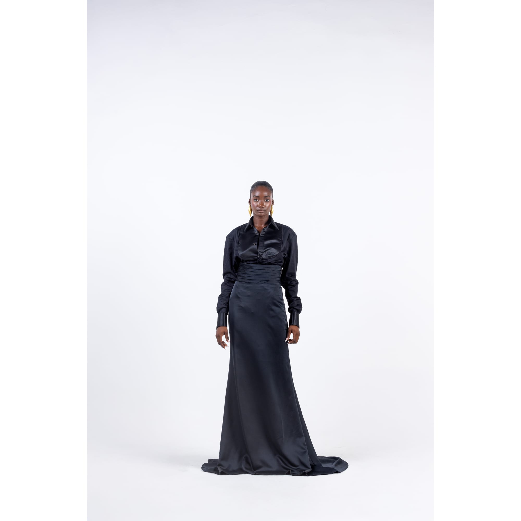 BLACK SATIN BIB TUXEDO SHIRT WITH CUMMERBUND SKIRT