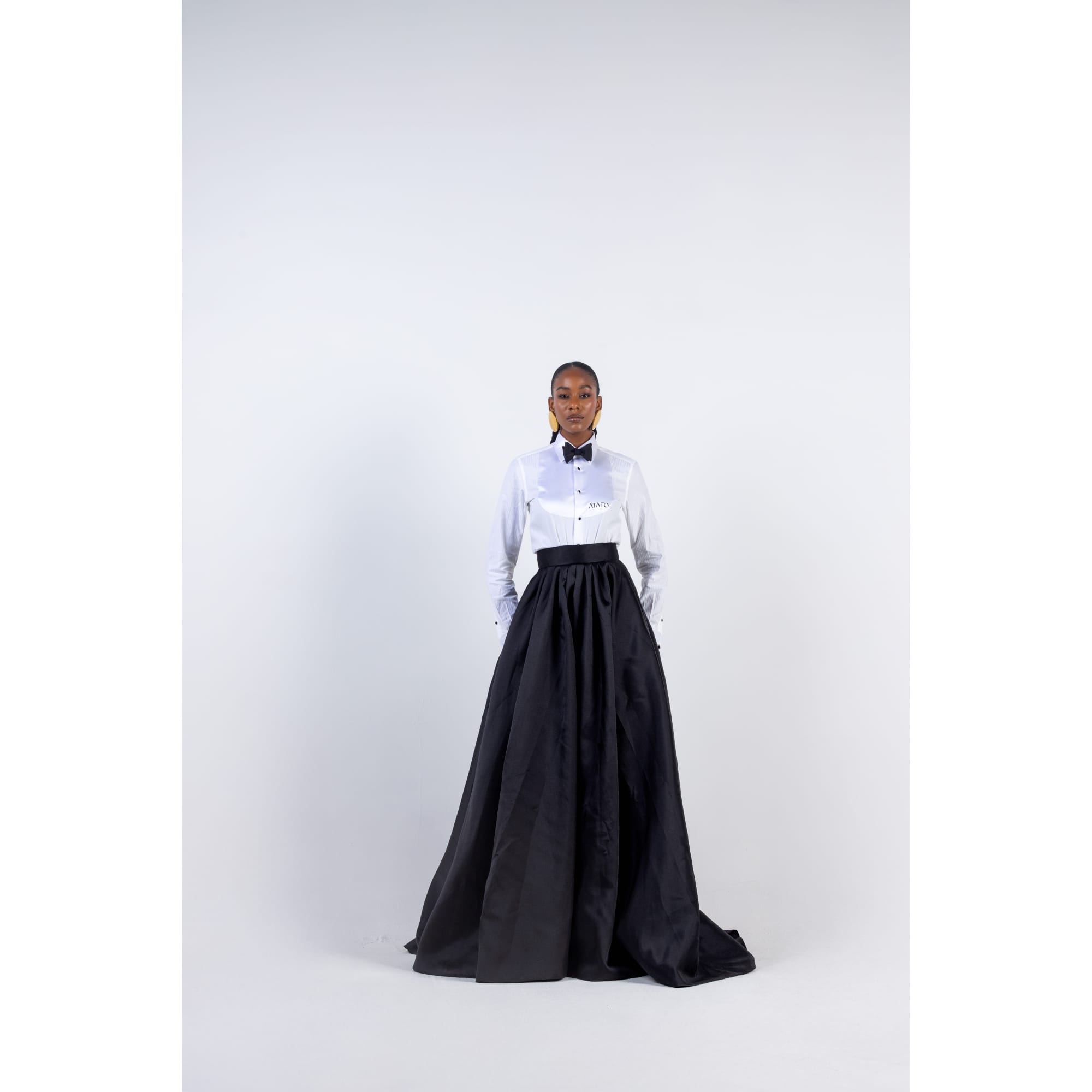 WHITE SATIN BIB TUXEDO SHIRT AND BLACK SATIN SKIRT