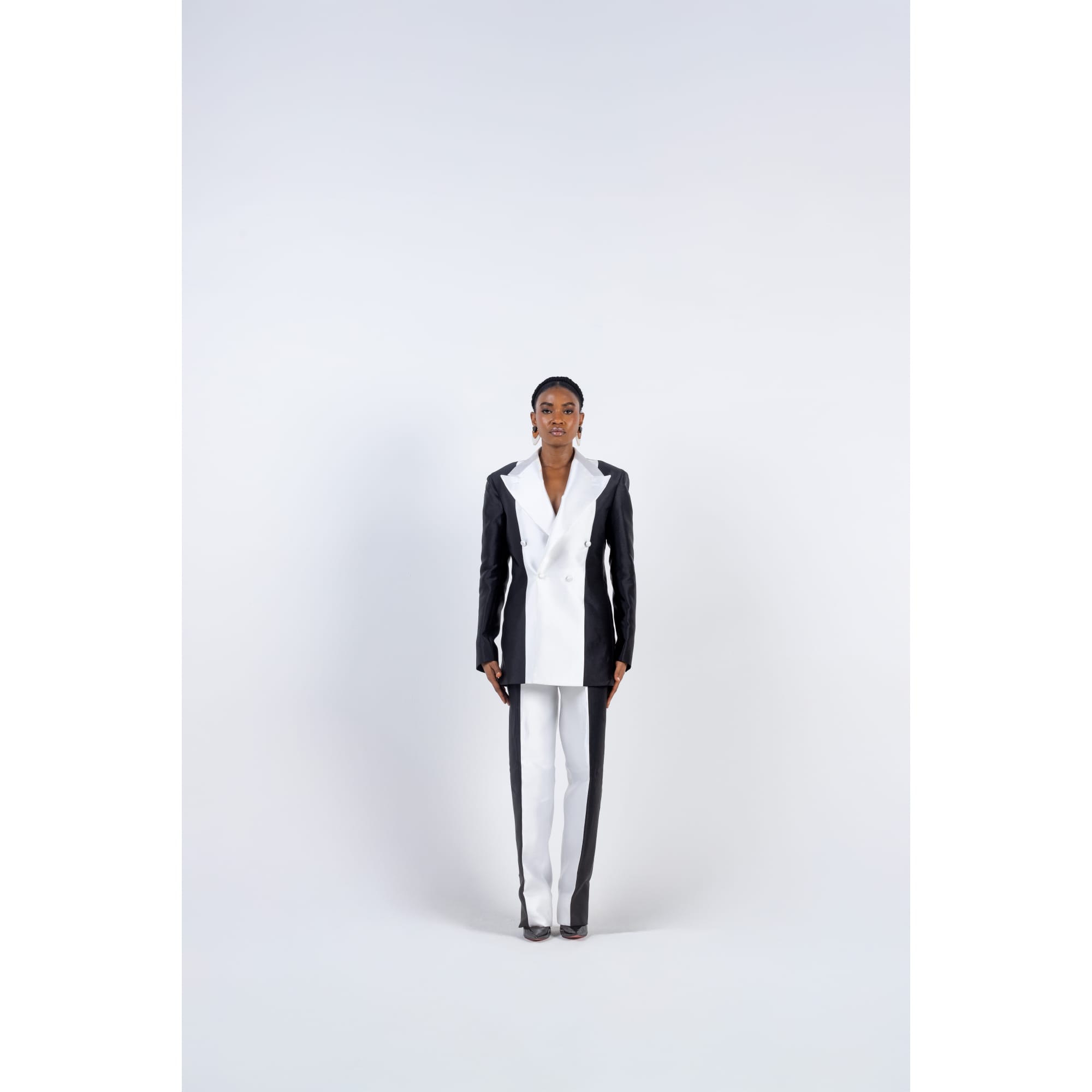 BLACK AND WHITE SATIN PANEL DOUBLE BREASTED SUIT