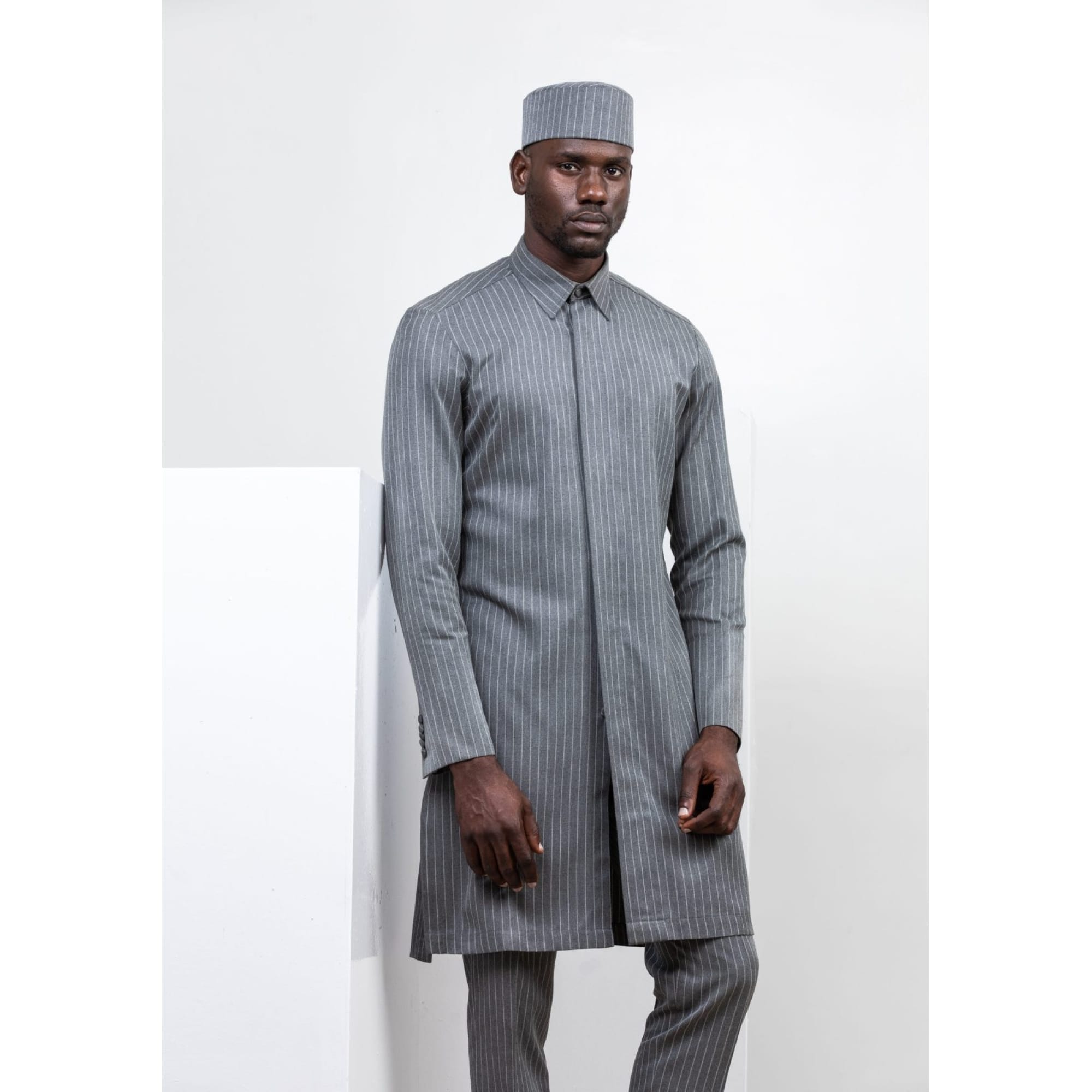 STRIPE FORMAL KAFTAN SHIRT WITH TROUSERS AND MATCHING CAP