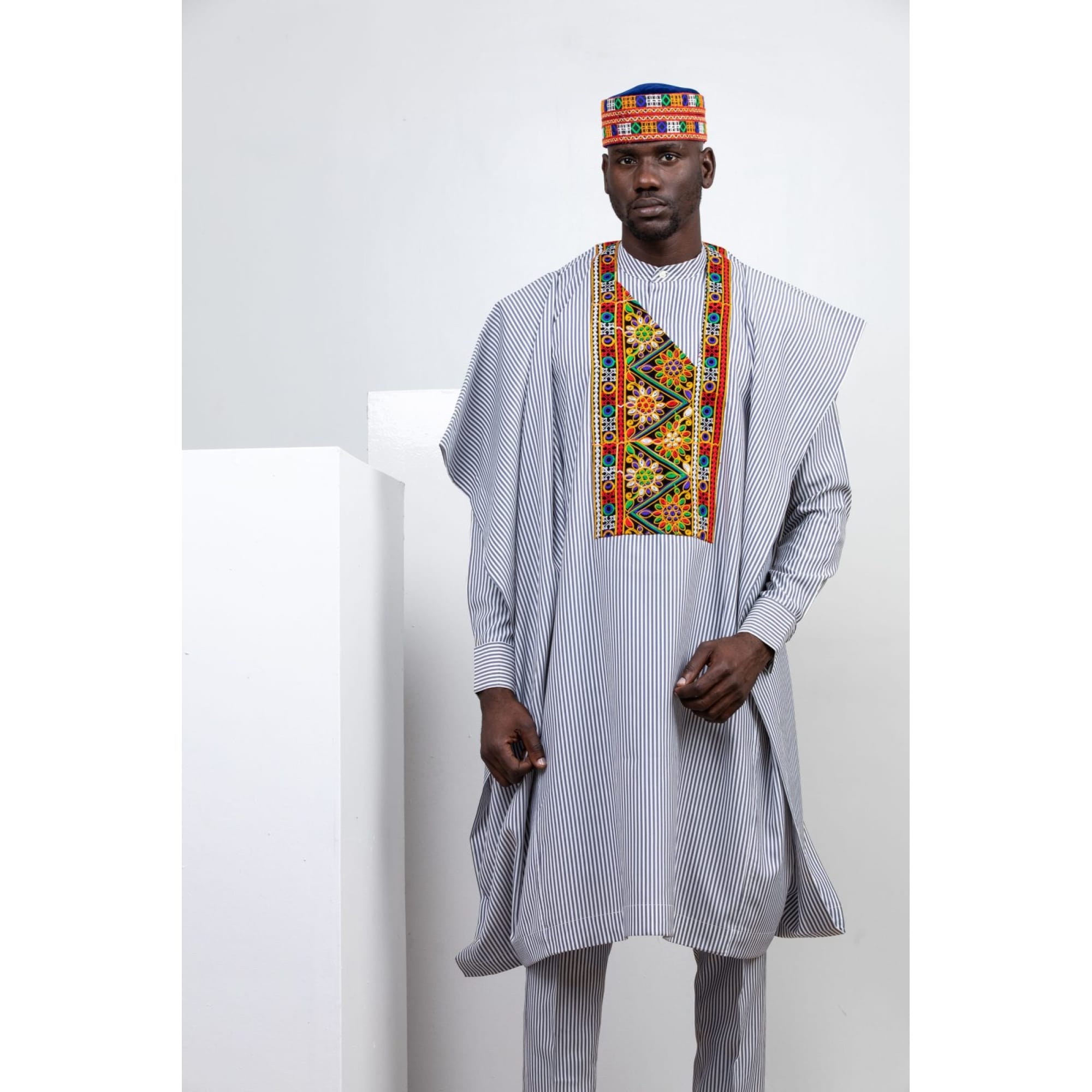 STRIPE AGBADA WITH MULTI-COLOURED EMBROIDERY AND MATCHING CAP