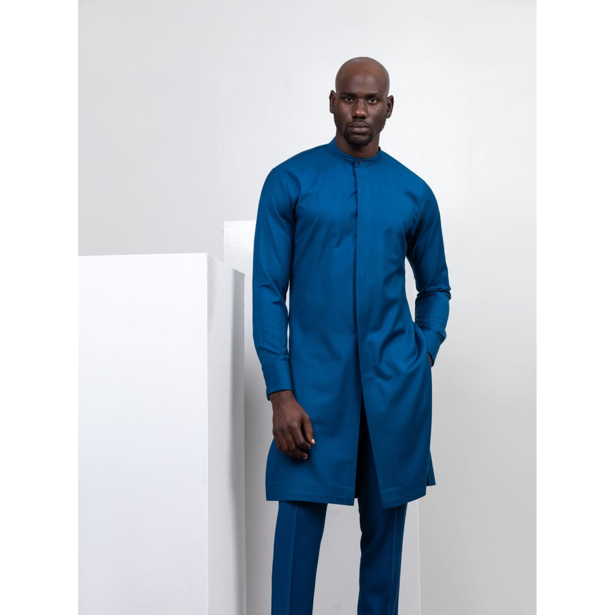 BLUE BISHOP COLLAR KAFTAN SHIRT AND TROUSERS