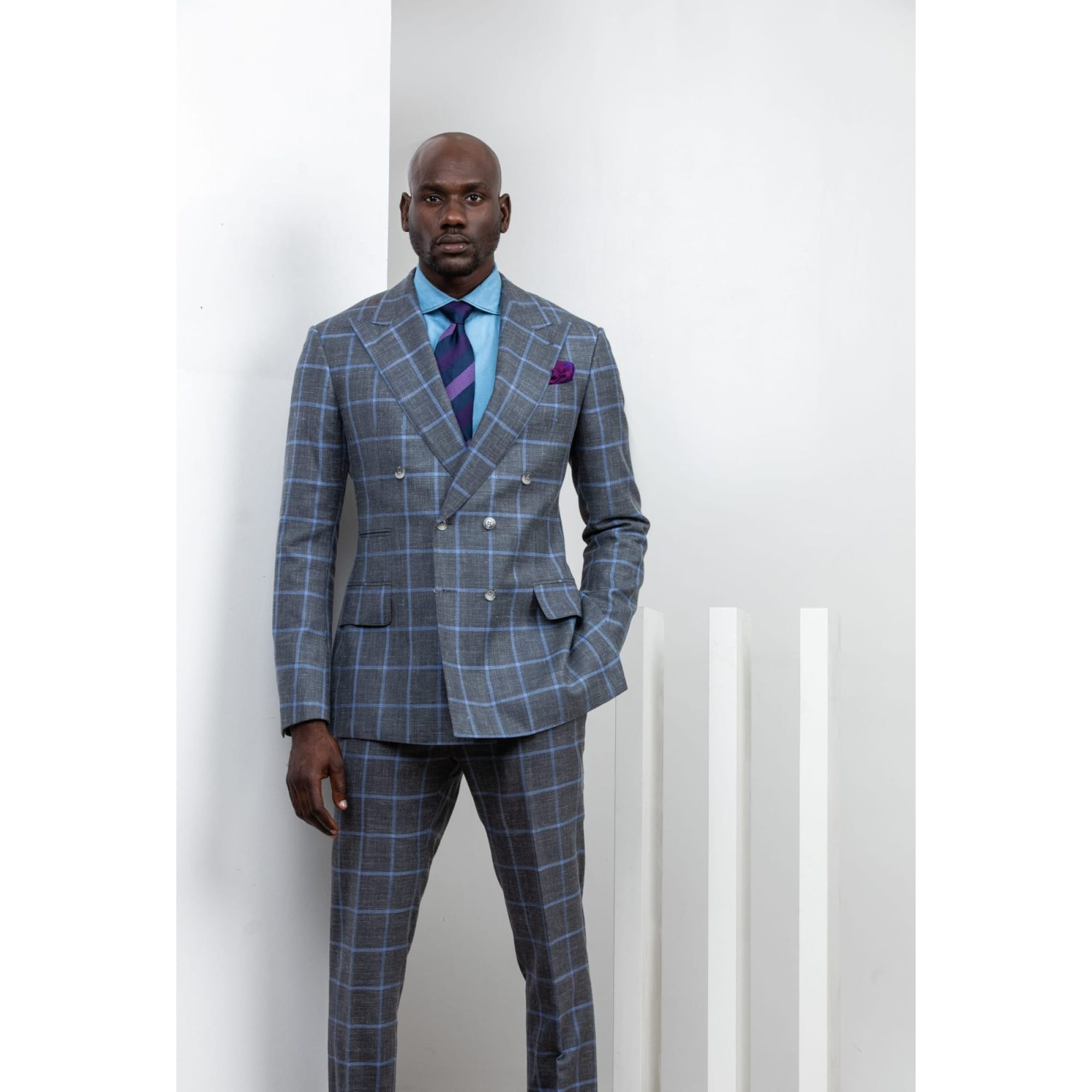 Grey with blue window pane double-breasted suit