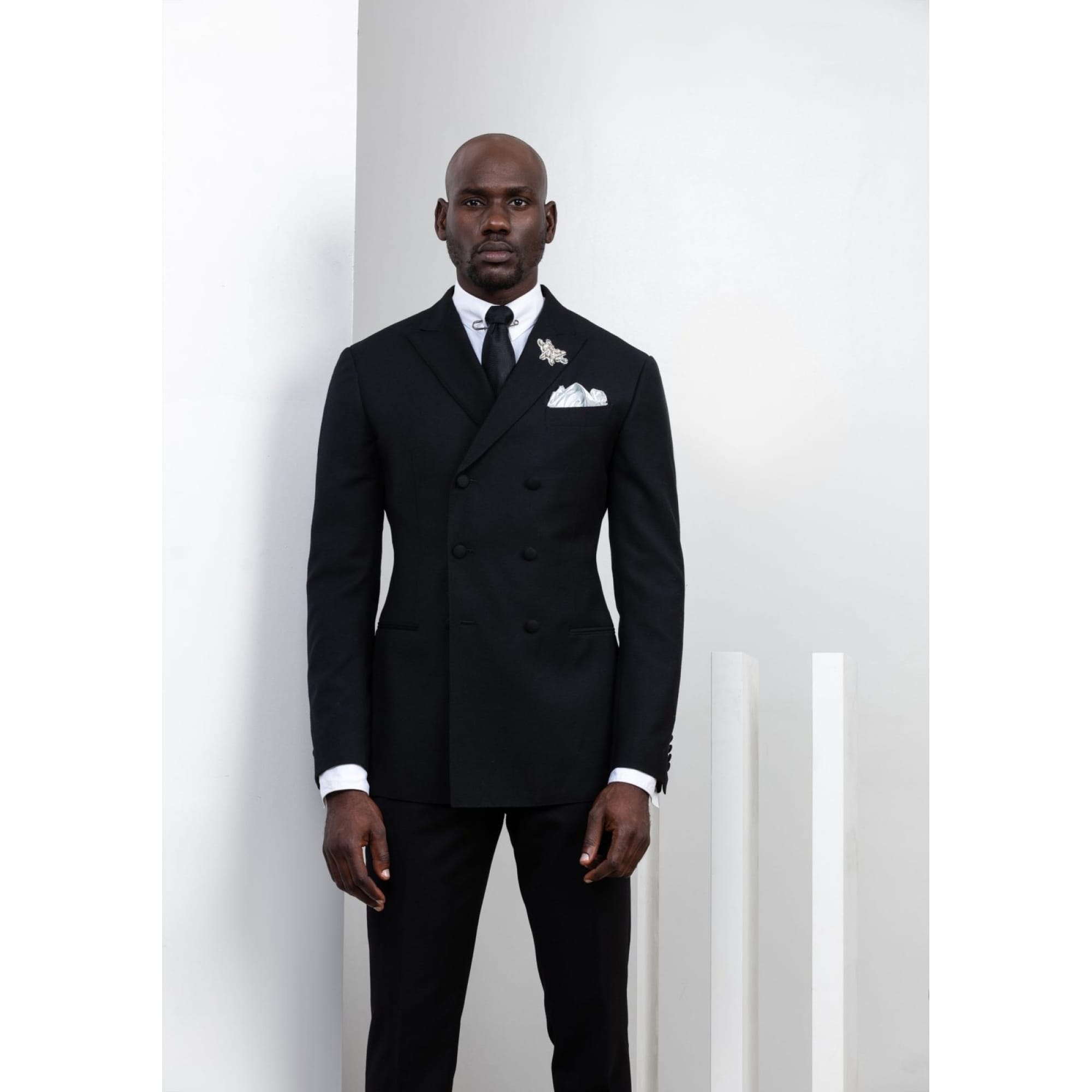 Black 6 button double-breasted suit